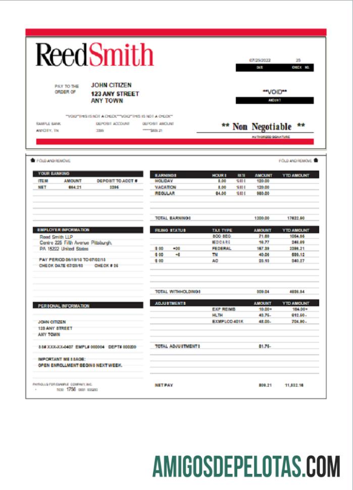 Reed Smith LLP Law Company Recibo de Pagamento da USA Reed Smith LLP exemplo real